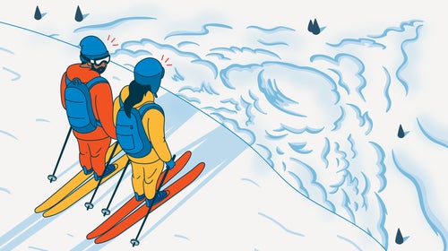illustration of two skiers watching an avalanche