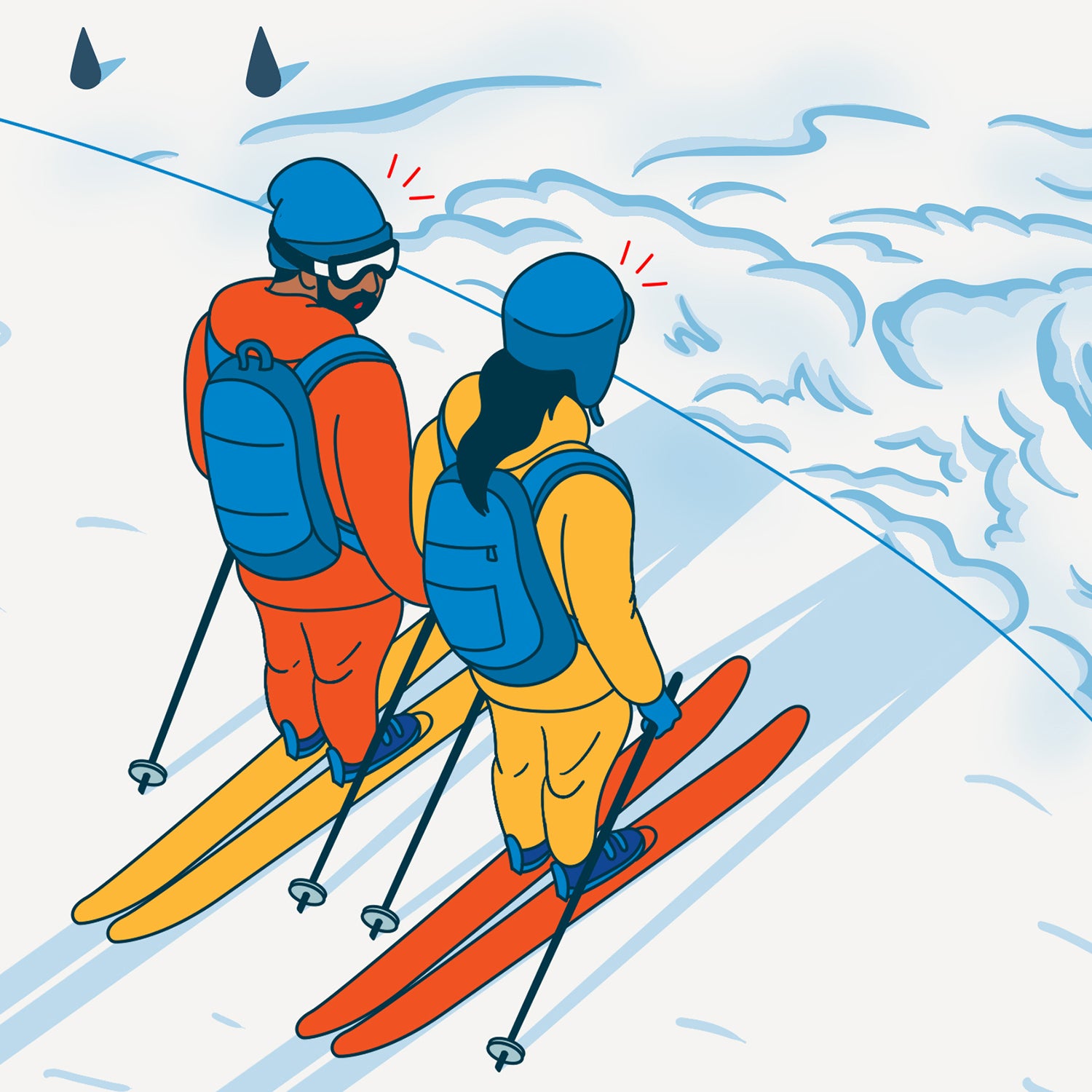 illustration of two skiers watching an avalanche