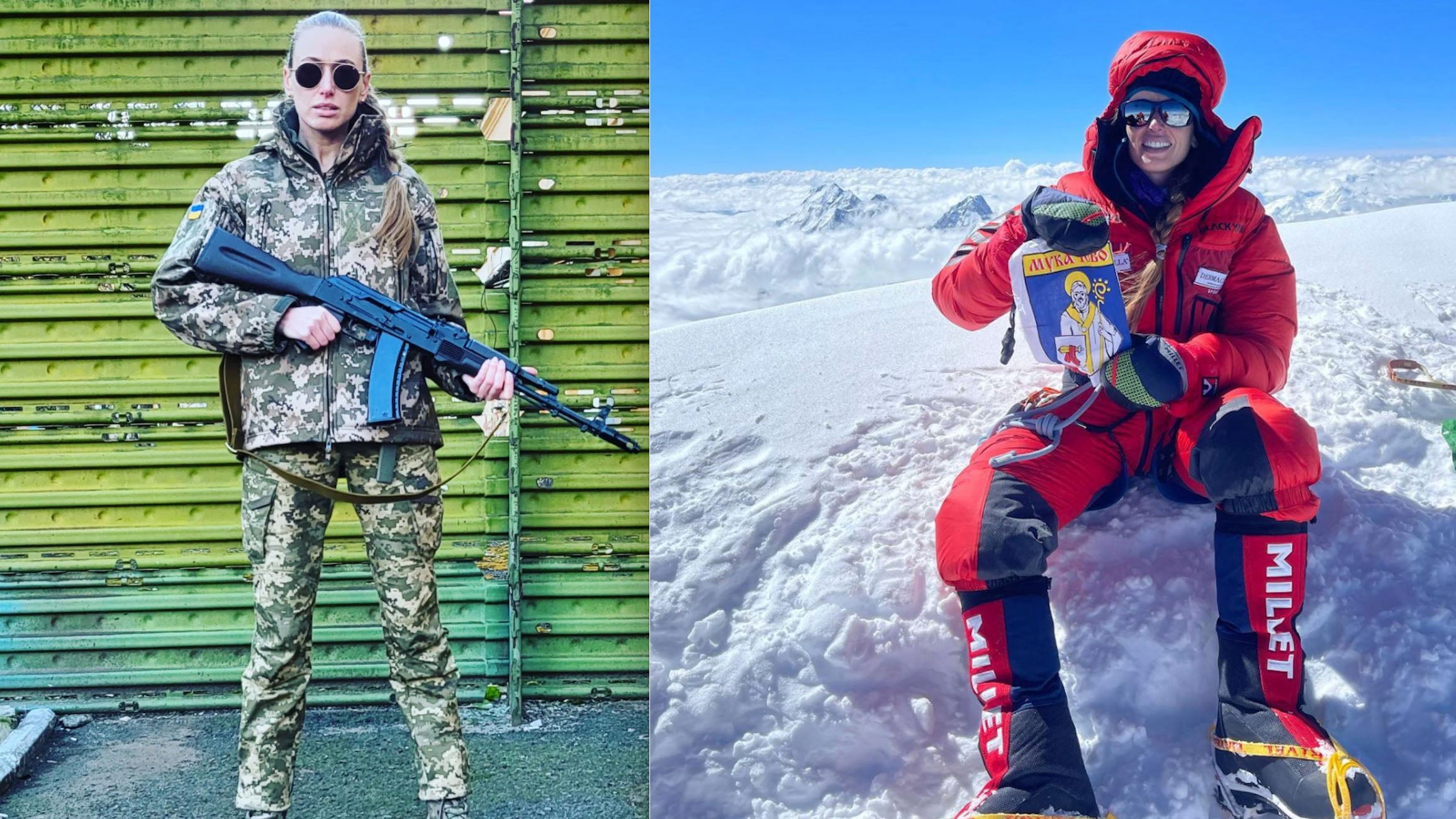 Irina Galay climbing K2 (right) and participating in the defense of Ukraine. 