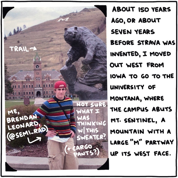 About 150 years ago, or about seven years before Strava was invented, I moved out West from Iowa to go to the University of Montana, where the campus abuts Mt. Sentinel, a mountain with a large "M" partway up its west face.