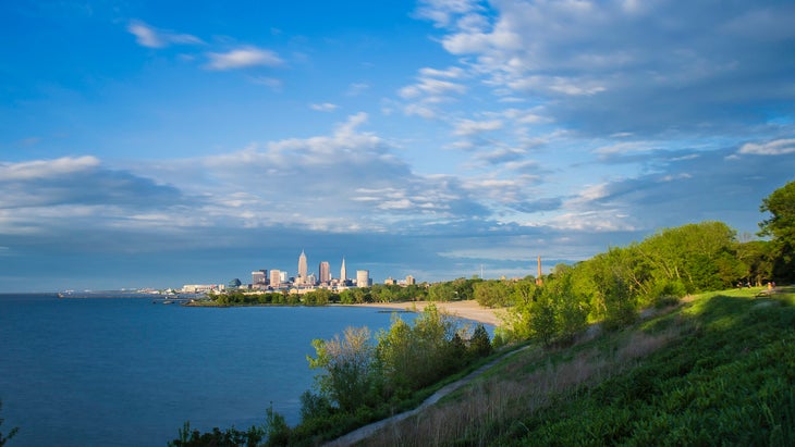 That is the view from the upper part of Edgewater Park, which shows the the shore of Lake Erie and beach, as well as Cleveland downtown