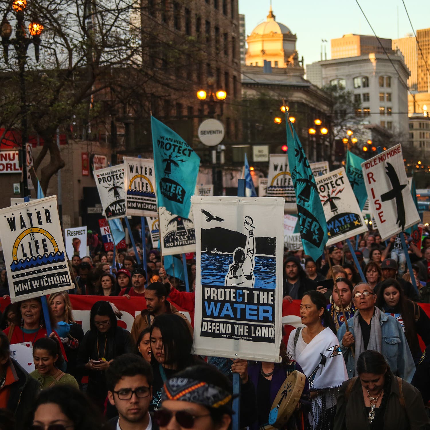 Opponents of the Dakota Access Pipeline (DAPL) at protests in San Francisco