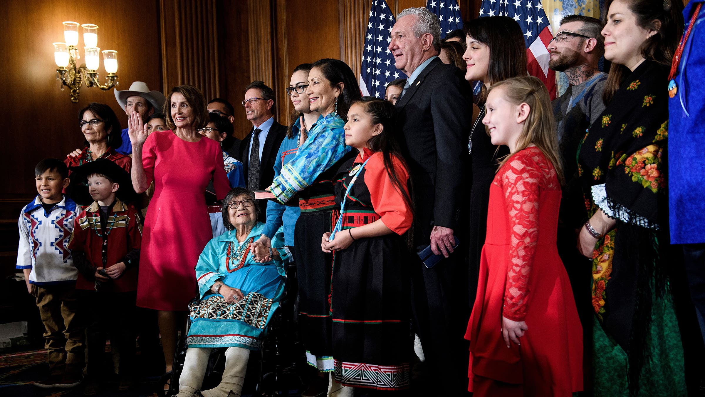 Family and supporters of Haaland, including House speaker Nancy Pelosi, on Capitol Hill in early 2019