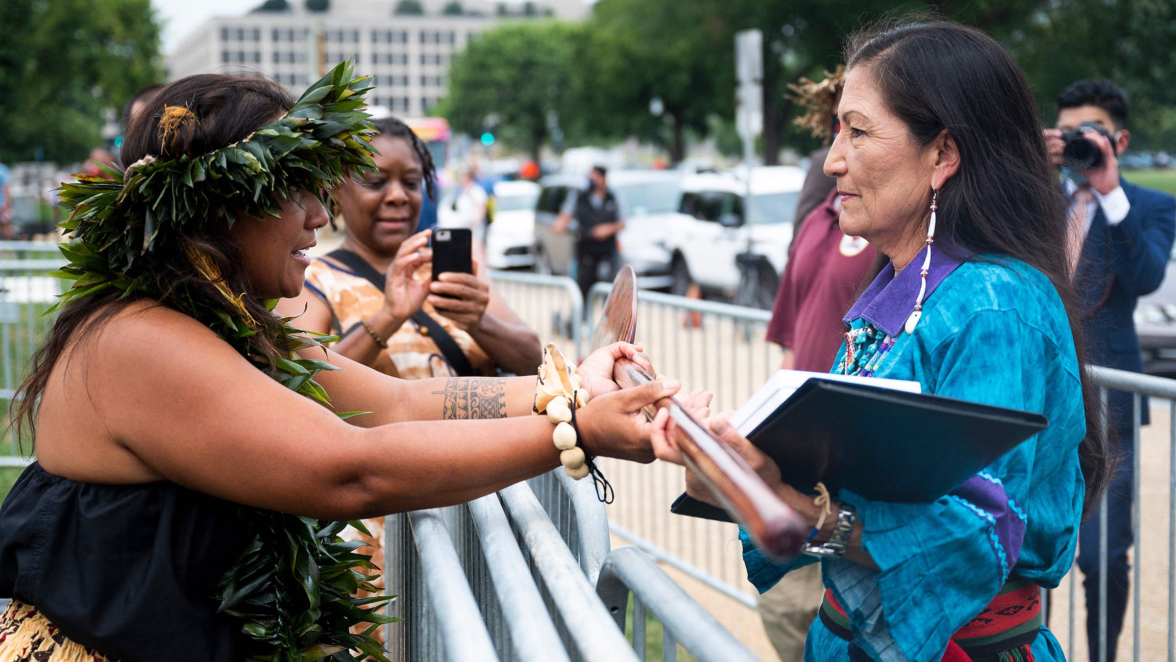 Haaland in 2021, after speaking at a rally called Red Road to D.C., held in support of Indigenous rights and sacred places