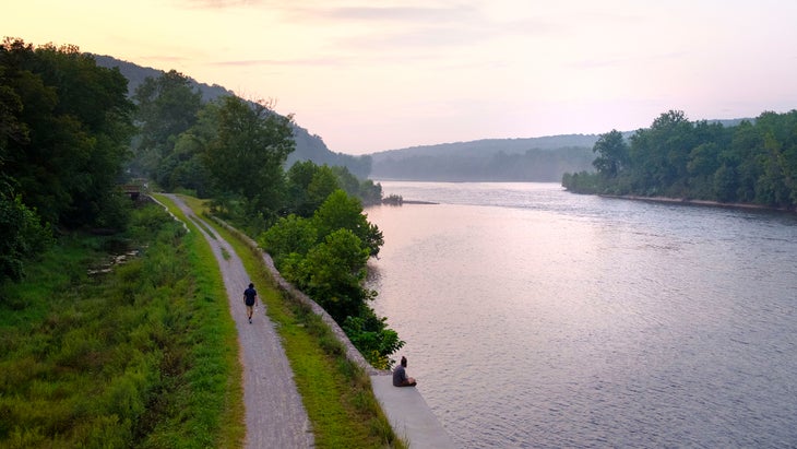 View from PA to NJ over Delaware River, at sunset with cycling path