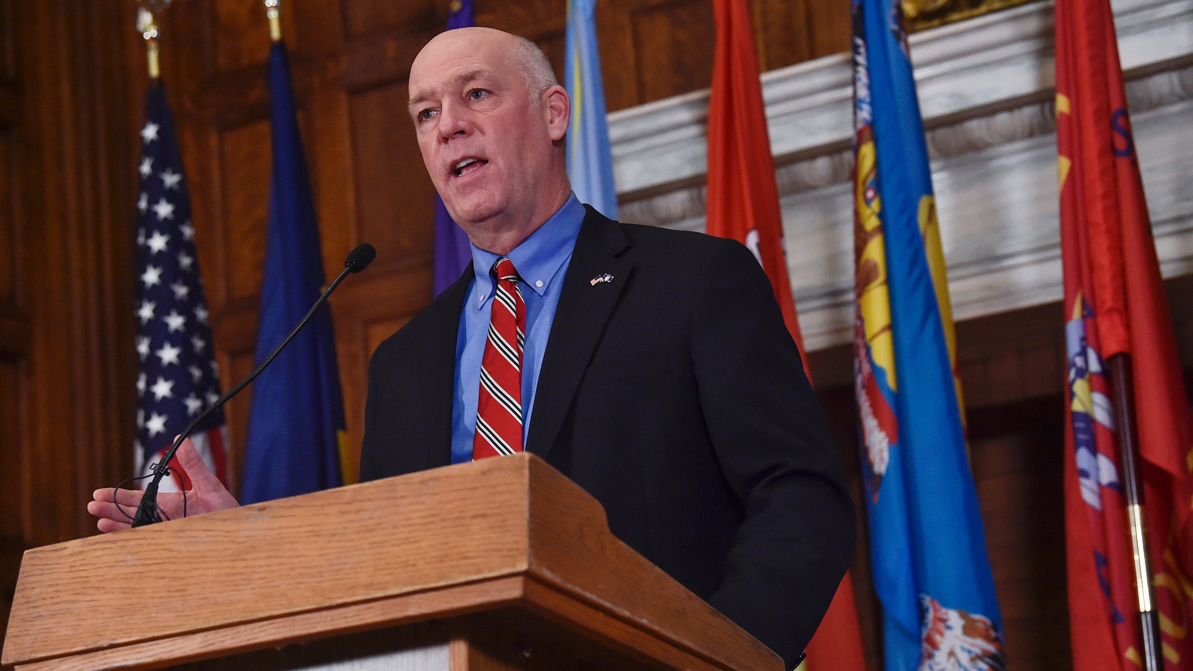 Montana governor Greg Gianforte speaks to members of the press in January, 2021
