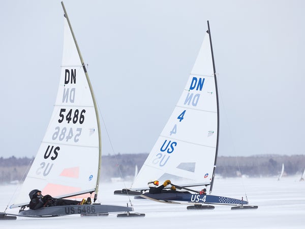 Iceboat racers round the turn near the windward mark at the 2021 IDNYIRA Nationals.