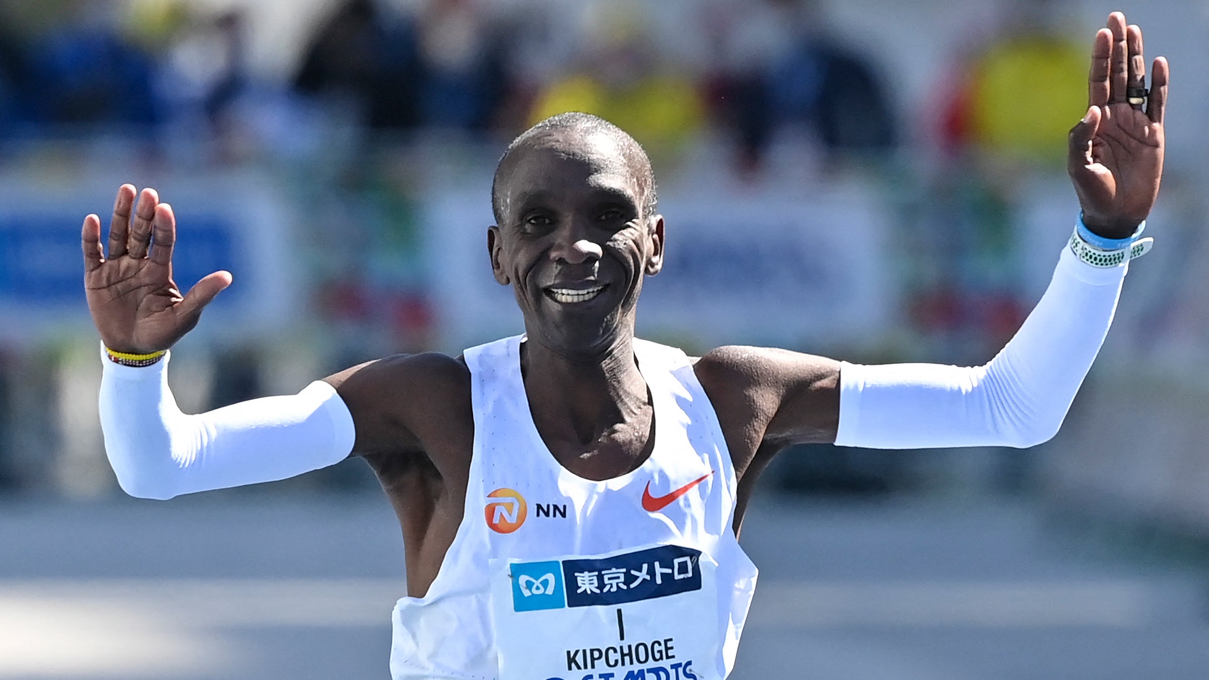 Kenya's Eliud Kipchoge crosses the finish line to win the men's category in the Tokyo Marathon in Tokyo on March 6, 2022.