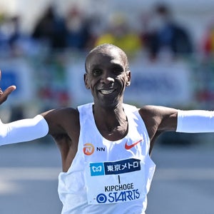 Kenya's Eliud Kipchoge crosses the finish line to win the men's category in the Tokyo Marathon in Tokyo on March 6, 2022.