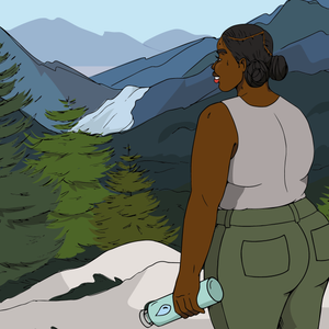 Illustration of a Black woman in green pants and beige tank holding water bottletop looking out into a valley filled with trees. Marketing