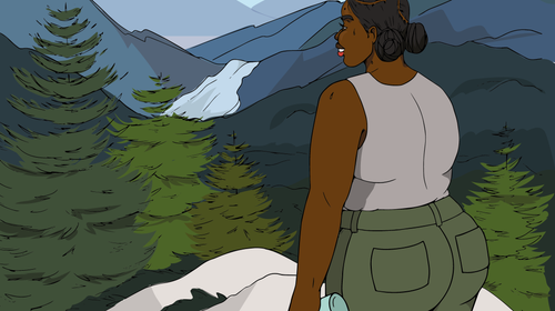 Illustration of a Black woman in green pants and beige tank holding water bottletop looking out into a valley filled with trees. Marketing