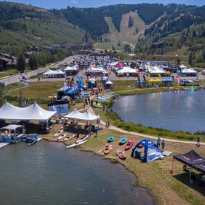 aerial shot of the Big Gear Show, tents, water