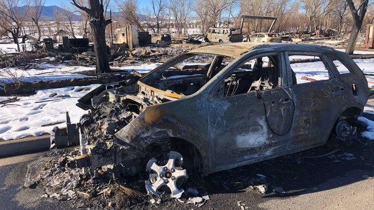 A burned car in Superior, Colorado