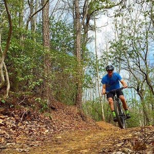 Man in blue shirt mountain biking down wooded trail