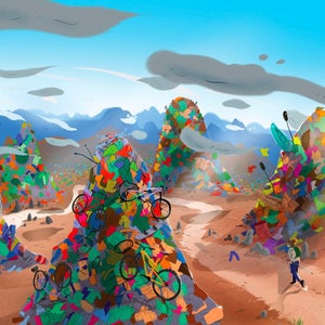 Illustration of person hiking through mountains of trash