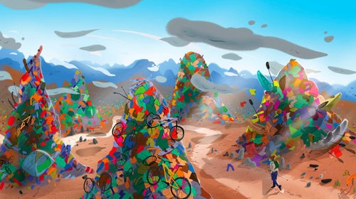 Illustration of person hiking through mountains of trash