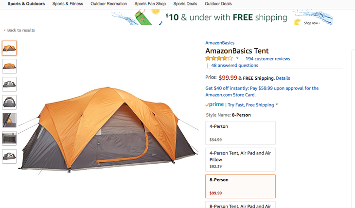Screenshot of AmazonBasics page featuring gold and gray dome tent
