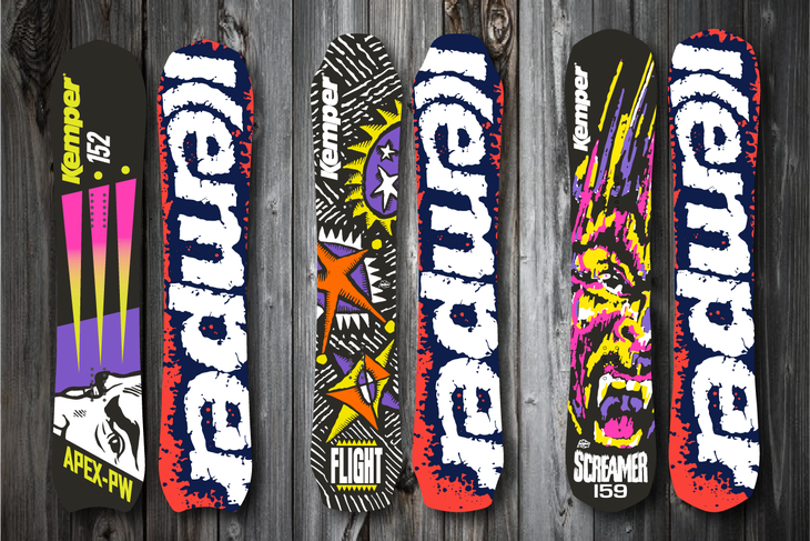 Kemper snowboards front and back in retro and bright colors