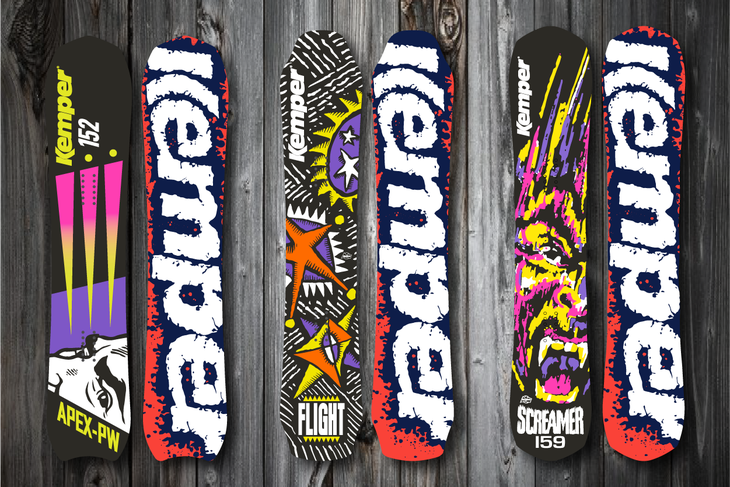 Apex_Flight_Screamer Kemper snowboards front and back in retro and bright colors