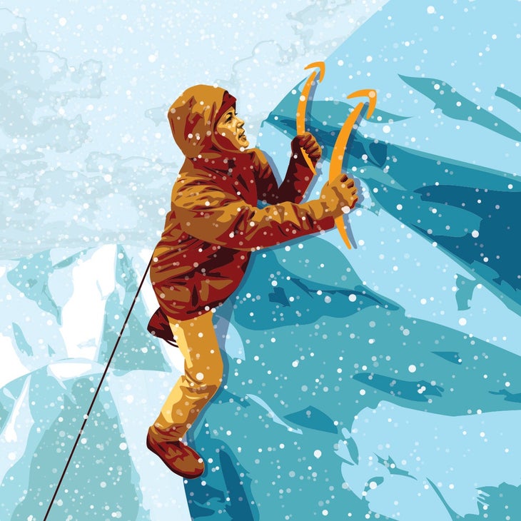 Female climber using ice picks shaped like Amazon arrows