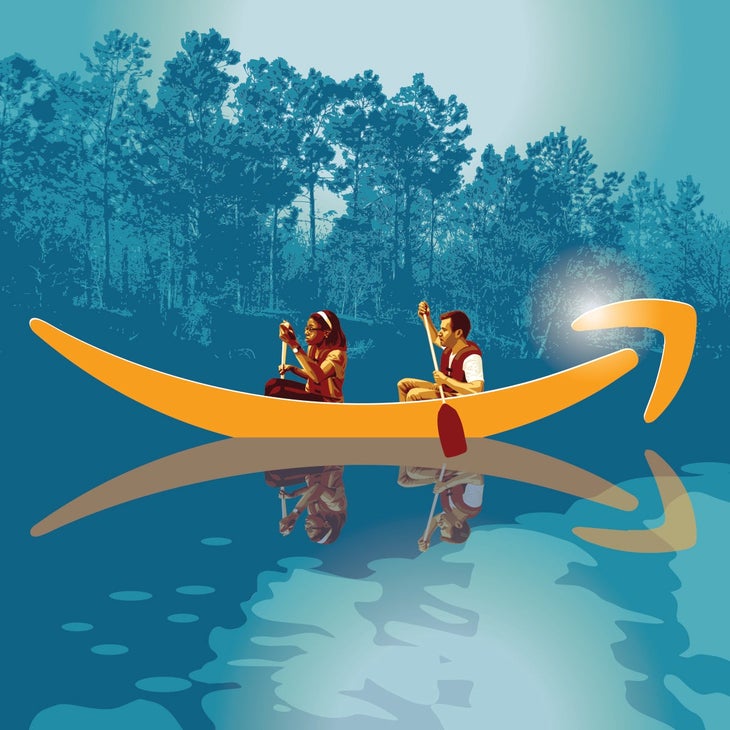 Illustration of people kayaking boat resembling Amazon arrow