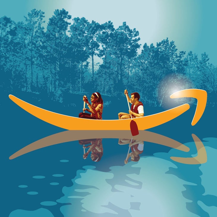 Beating Amazon Inside 2 Illustration of people kayaking boat resembling Amazon arrow