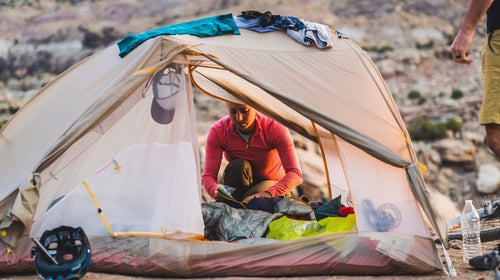 Big Agnes tent with woman