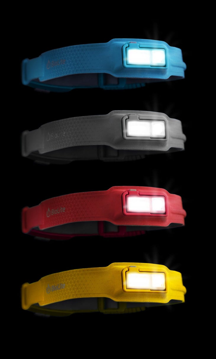 new Biolite Headlamps in blue, gray, red, and yellow