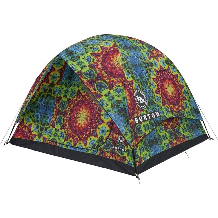 Burton Big Agnes tent collab | a dome tent with multi-colored psychadelic pattern of red, blue, green
