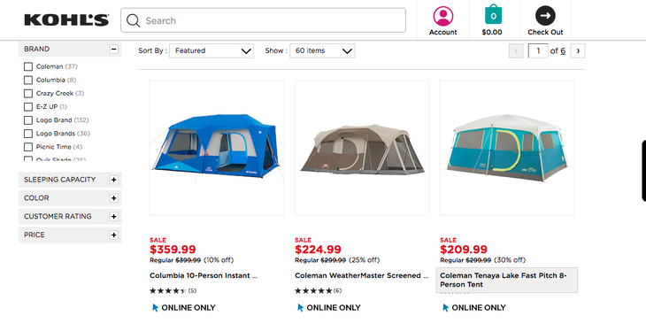 Camping gear at Kohl's screenshot