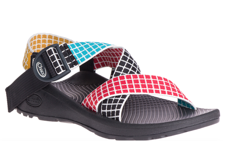 Chaco and Topo Designs sandal collab with red, black, turquoise, and yellow grid pattern