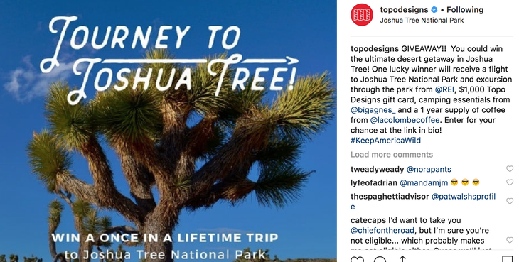 Instagram post about Joshua Tree Free trip collab