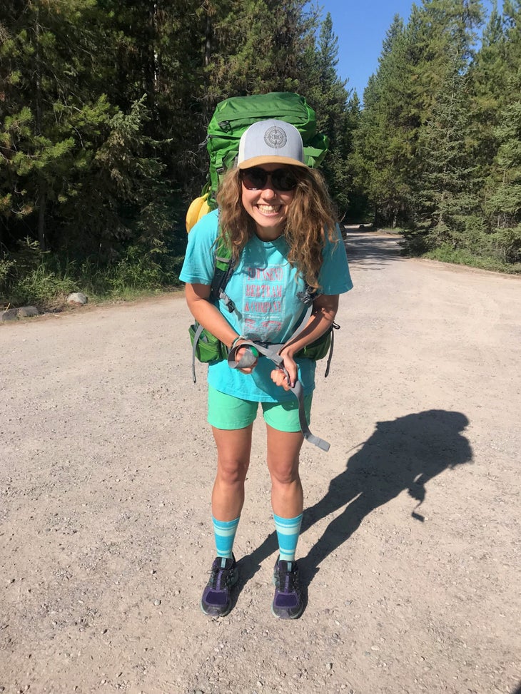 current photo backpacking Betsy Bertram wearing a backpack