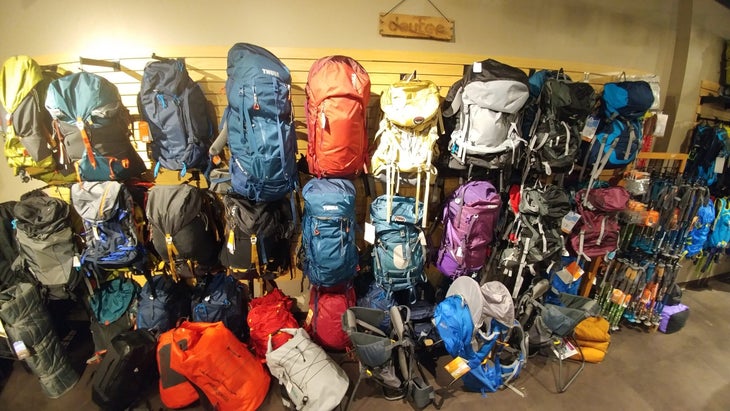 frugal-backpacker-pack-wall The pack wall at Frugal Backpacker