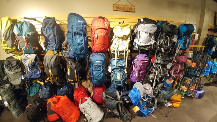 The pack wall at Frugal Backpacker