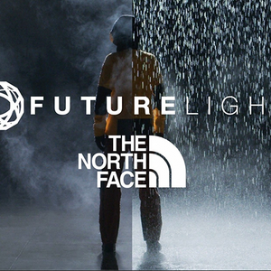 Futurelight The North Face poster with logos and person standing in rain  lawsuit