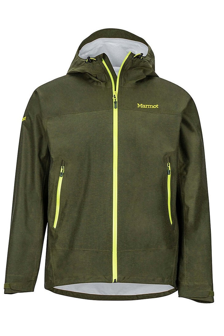 Green Theme International Marmot men's Eclipse jacket, dark green rain jacket with yellow zippers