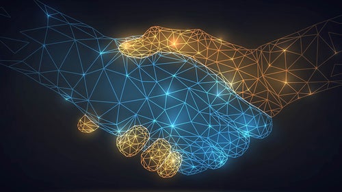 Digital blue and yellow hands shaking