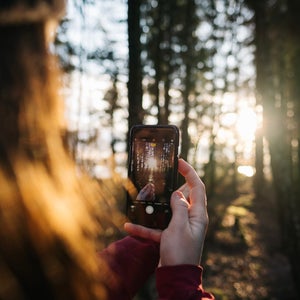 man holding a phone camera among trees