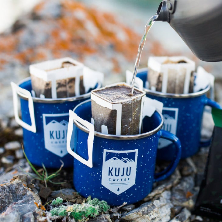 Three blue coffee cups with KUJU pour over | Whole Foods