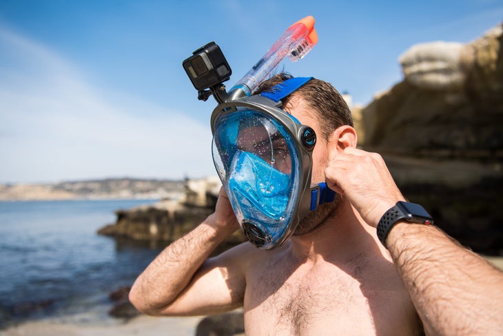 Man wearing Leader full-face snorkel mask