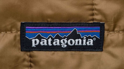 Patagonia logo close-up on a brown jacket