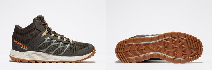 Lateral shot of a Merrell shoe next to a shot of the sole