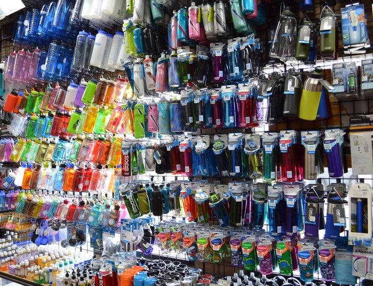 Water bottle wall at Gearheads Outdoor Store