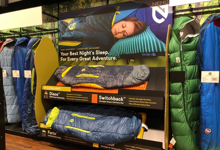 Nemo sleeping bag display at grand opening of PUblic Lands