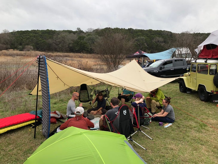 Nemo Equipment reps clinic REI employees at a campsite in Spicewood, Texas