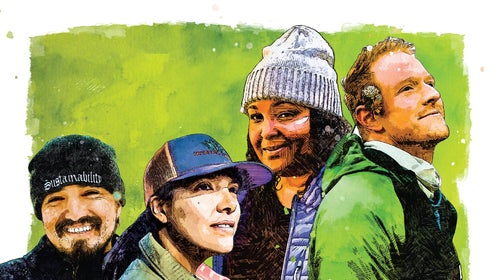 Illustration of four activists on green background