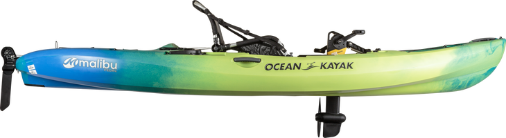 Ocean_MalibuPedal_Ahi_PedalDown_Side Green, yellow, and blue Ocean Malibu pedal kayak |Family paddlesports