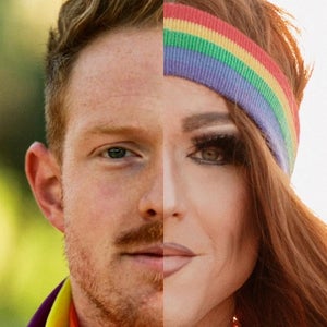 Pattie Gonia, Backcountry Breaking Trail: split image of man and man dressed in drag with rainbow headband and long hair