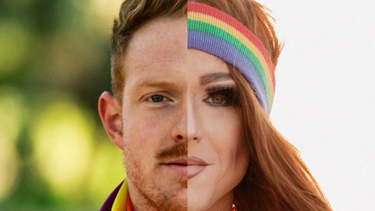 Pattie Gonia, Backcountry Breaking Trail: split image of man and man dressed in drag with rainbow headband and long hair